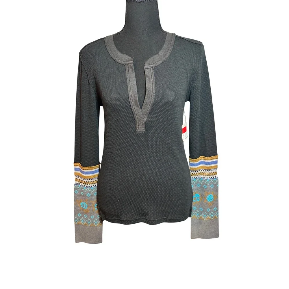 We The Free Free People Black Thermal Waffle Knit Split Neck Top SZ M Winter